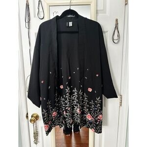H&M Divided Black Floral Kimono‎ Jacket Duster Open Front Size M